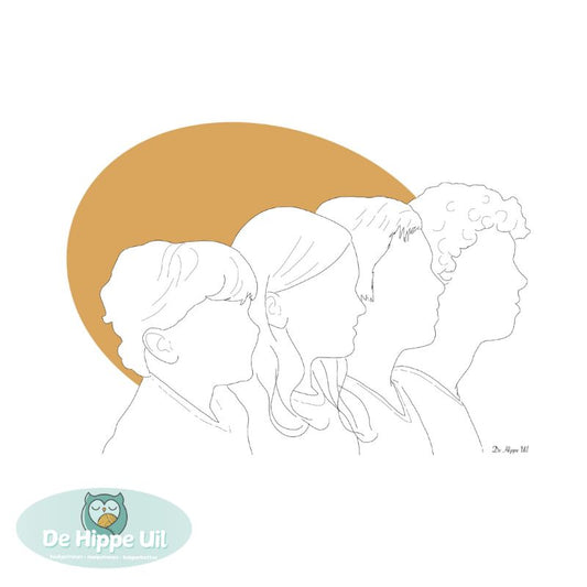 Familie portret lijntekening (ovaal achtergrond)