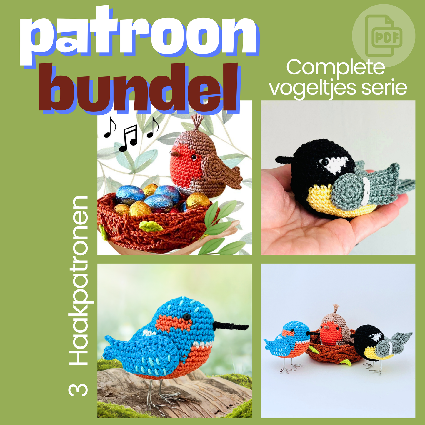Haakbundel Vogeltjes, roodborstje, koolmeesje en ijsvogeltje